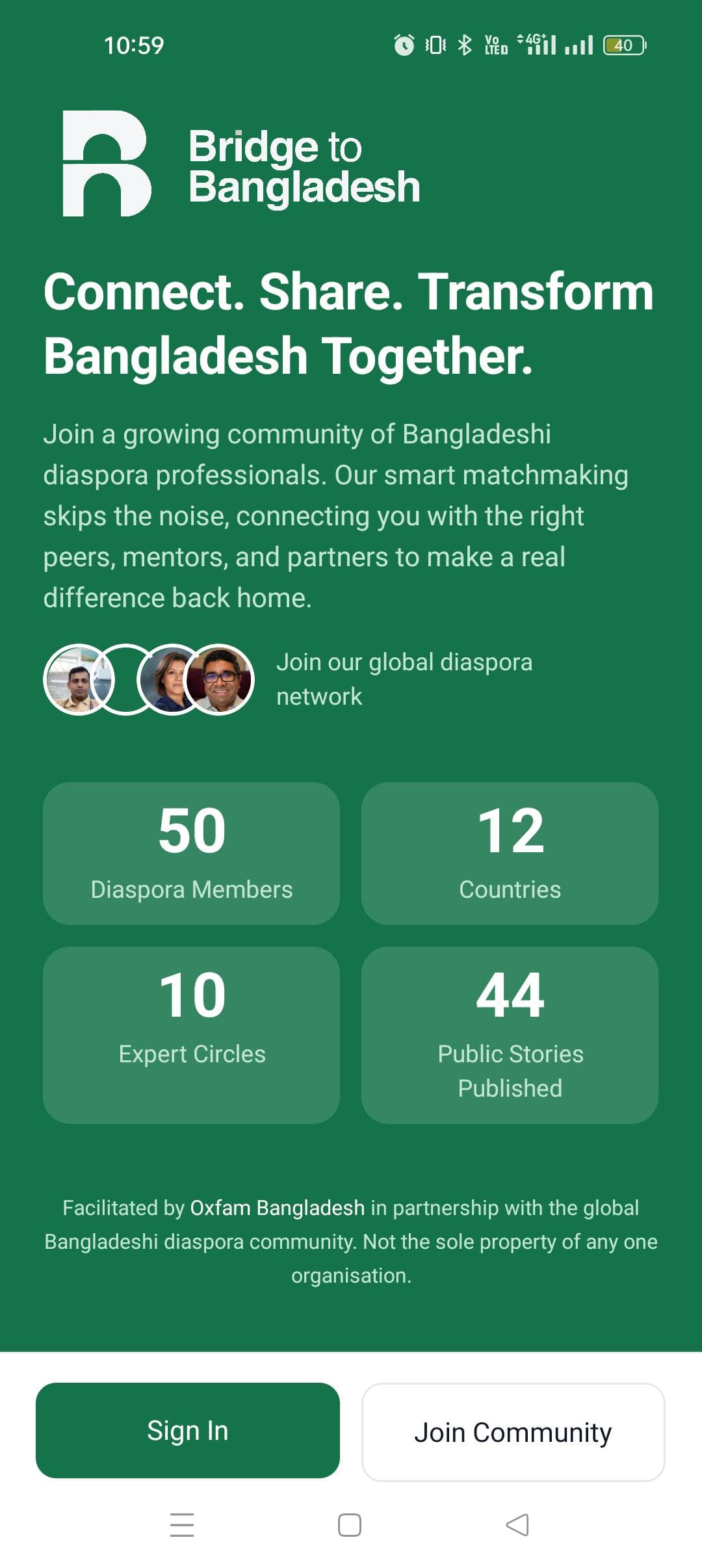 Bridge to Bangladesh app home screen